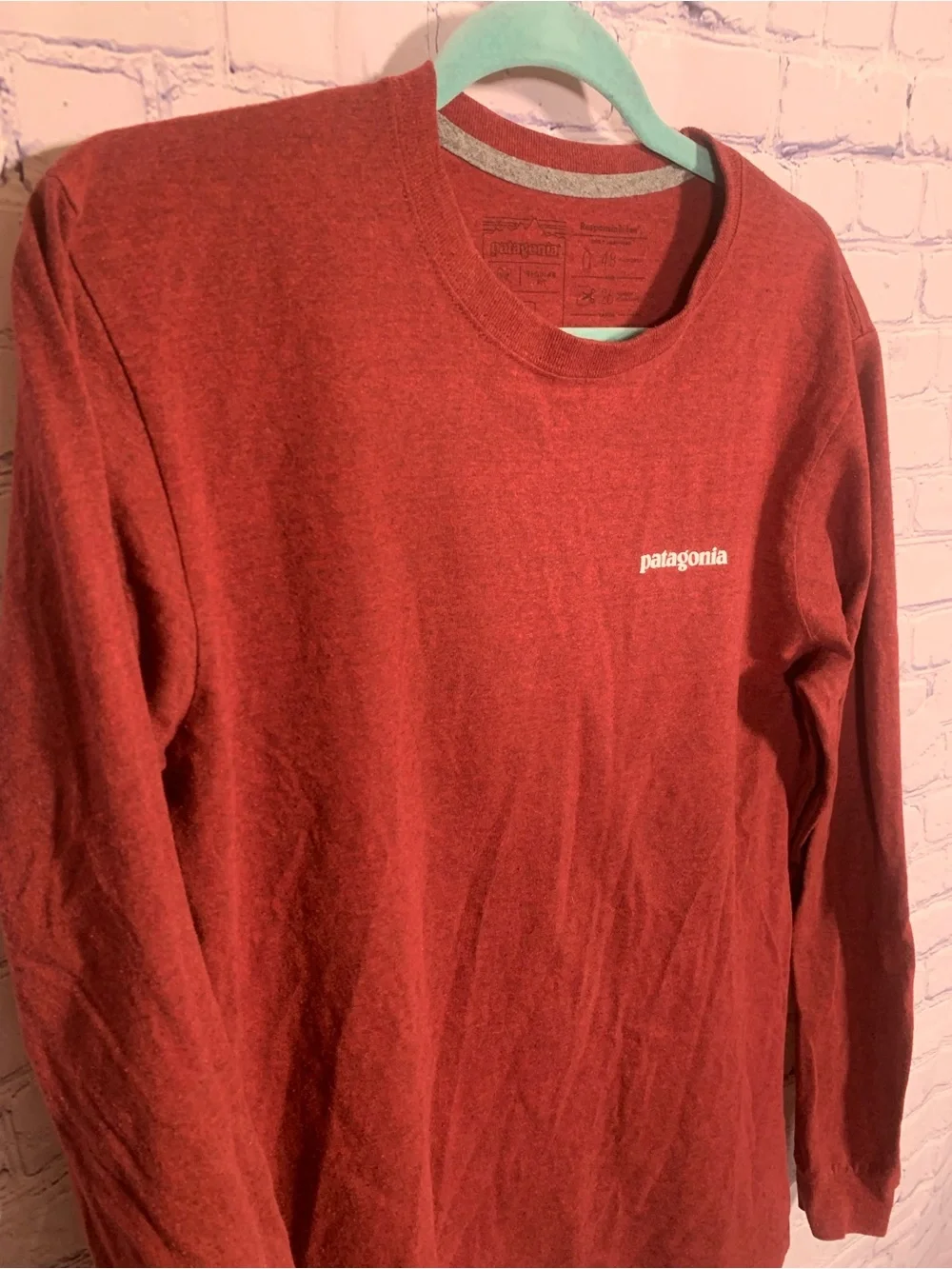 Patagonia Mens Responsibili-Tee Long Sleeve Crewneck Red M Casual Logo Graphic